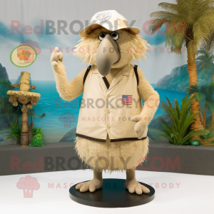 Beige Kiwi mascot costume character dressed with a Bermuda Shorts and Brooches