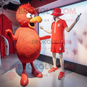 Red Ostrich mascot costume character dressed with a One-Piece Swimsuit and Ties