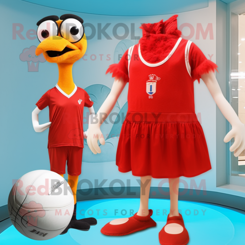 Red Ostrich mascot costume character dressed with a One-Piece Swimsuit and Ties