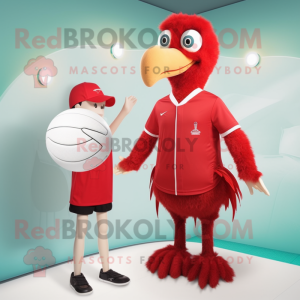 Red Ostrich mascot costume character dressed with a One-Piece Swimsuit and Ties