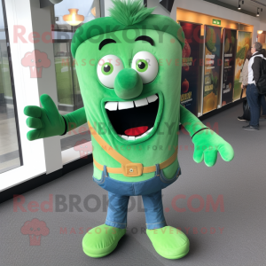 Green Tikka Masala mascot costume character dressed with a Jeans and Cufflinks