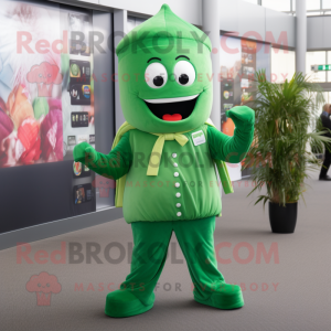 Green Tikka Masala mascot costume character dressed with a Jeans and Cufflinks