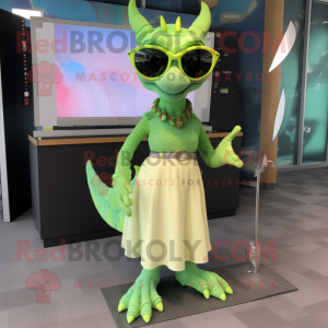 Lime Green Dragon mascot costume character dressed with a Wrap Dress and Sunglasses