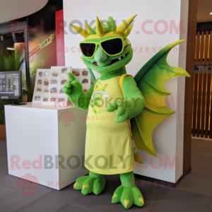 Lime Green Dragon mascot costume character dressed with a Wrap Dress and Sunglasses