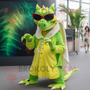 Lime Green Dragon mascot costume character dressed with a Wrap Dress and Sunglasses