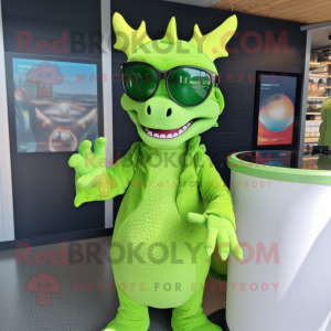 Lime Green Dragon mascot costume character dressed with a Wrap Dress and Sunglasses