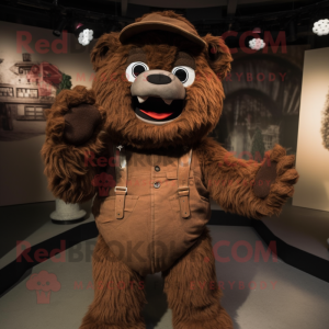 Brown But mascot costume character dressed with a Jumpsuit and Mittens