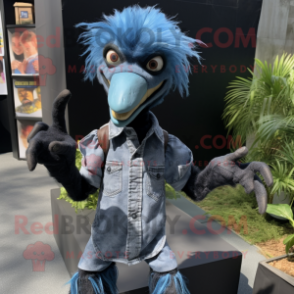 Black Deinonychus mascot costume character dressed with a Chambray Shirt and Hair clips