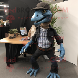 Black Deinonychus mascot costume character dressed with a Chambray Shirt and Hair clips