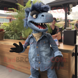 Black Deinonychus mascot costume character dressed with a Chambray Shirt and Hair clips