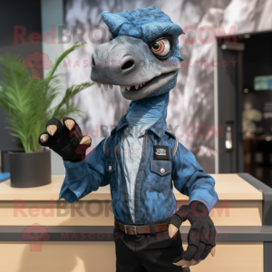 Black Deinonychus mascot costume character dressed with a Chambray Shirt and Hair clips