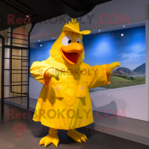 Yellow Roosters mascot costume character dressed with a Raincoat and Earrings