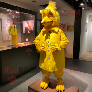 Yellow Roosters mascot costume character dressed with a Raincoat and Earrings