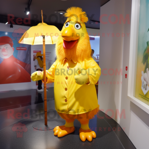 Yellow Roosters mascot costume character dressed with a Raincoat and Earrings