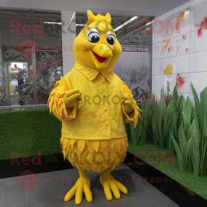 Yellow Roosters mascot costume character dressed with a Raincoat and Earrings