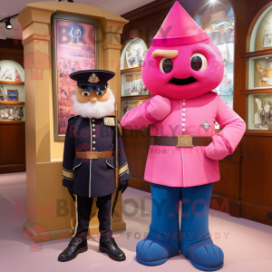 Pink British Royal Guard mascot costume character dressed with a Leather Jacket and Watches