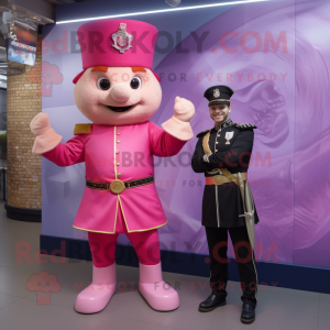 Pink British Royal Guard mascot costume character dressed with a Leather Jacket and Watches