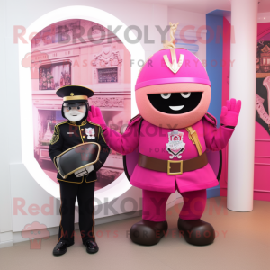 Pink British Royal Guard mascot costume character dressed with a Leather Jacket and Watches