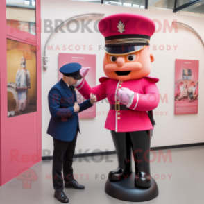 Pink British Royal Guard mascot costume character dressed with a Leather Jacket and Watches