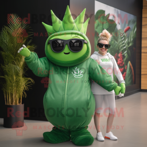 Green Queen mascot costume character dressed with a Sweatshirt and Sunglasses