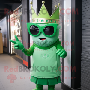 Green Queen mascot costume character dressed with a Sweatshirt and Sunglasses