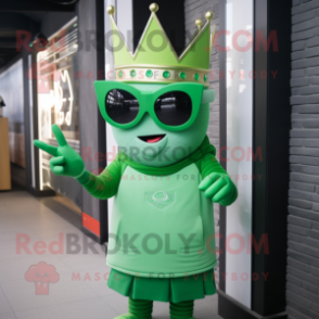 Green Queen mascot costume character dressed with a Sweatshirt and Sunglasses