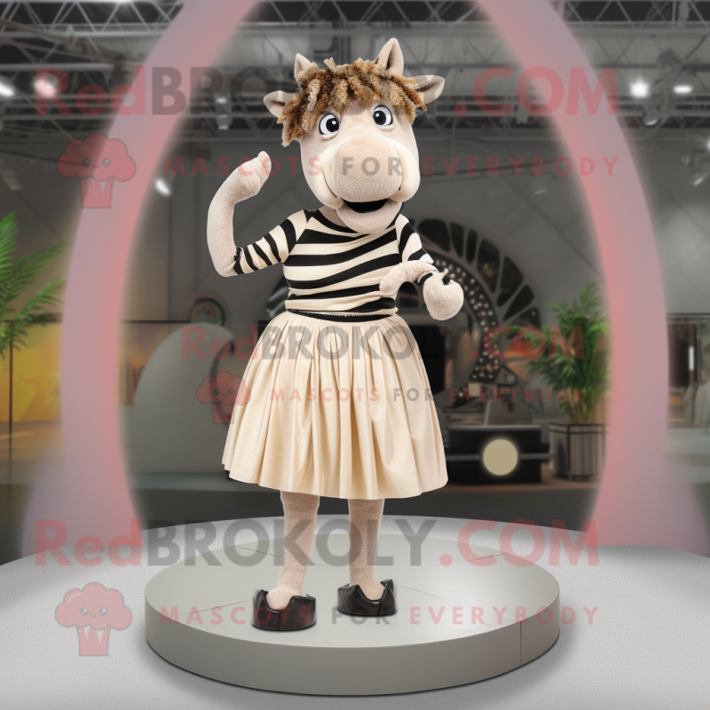 Beige Zebra mascot costume character dressed with a Pleated Skirt and Rings Beige Zebra mascot costume character dressed with a Pleated Skirt and Rings