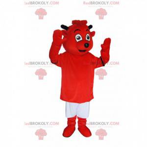 Mascotte de petit diable rouge très souriant. Costume de petit