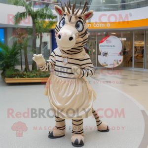 Beige Zebra mascot costume character dressed with a Pleated Skirt and Rings