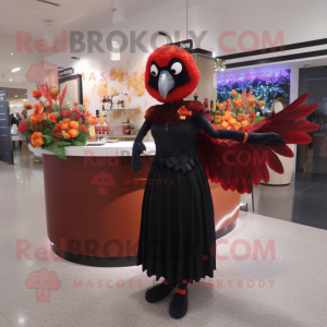 Red Blackbird mascot costume character dressed with a Cocktail Dress and Gloves