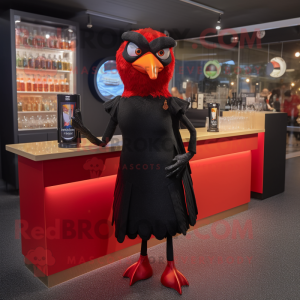 Red Blackbird mascot costume character dressed with a Cocktail Dress and Gloves