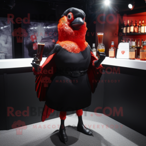 Red Blackbird mascot costume character dressed with a Cocktail Dress and Gloves