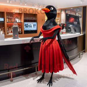 Red Blackbird mascot costume character dressed with a Cocktail Dress and Gloves