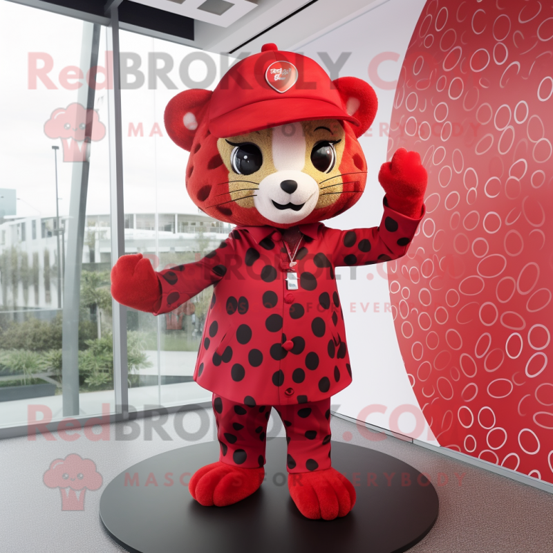 Red Leopard mascot costume character dressed with a Midi Dress and Hats Red Leopard mascot costume character dressed with a Midi Dress and Hats