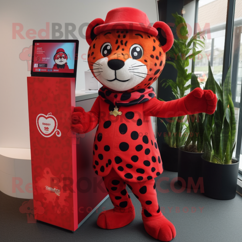 Red Leopard mascot costume character dressed with a Midi Dress and Hats Red Leopard mascot costume character dressed with a Midi Dress and Hats