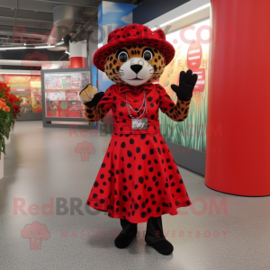 Red Leopard mascot costume character dressed with a Midi Dress and Hats