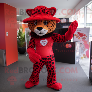 Red Leopard mascot costume character dressed with a Midi Dress and Hats