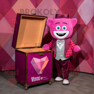 Magenta Treasure Chest mascot costume character dressed with a V-Neck Tee and Bow ties