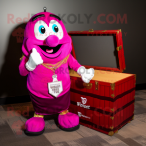 Magenta Treasure Chest mascot costume character dressed with a V-Neck Tee and Bow ties