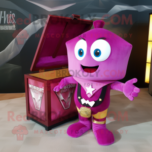Magenta Treasure Chest mascot costume character dressed with a V-Neck Tee and Bow ties