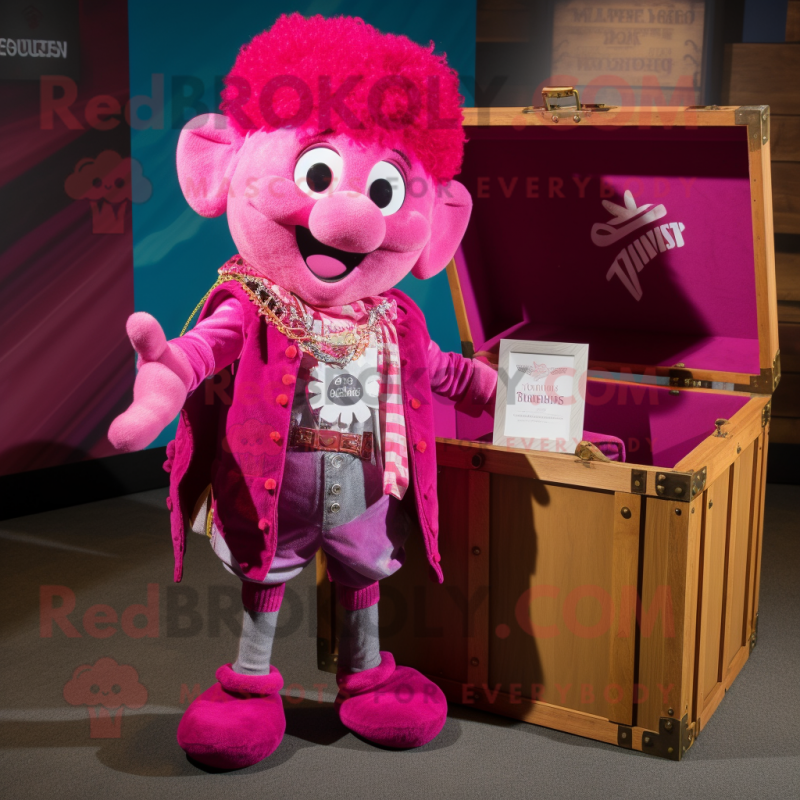 Magenta Treasure Chest mascot costume character dressed with a V-Neck Tee and Bow ties