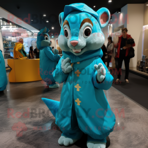 Teal Flying Squirrel mascot costume character dressed with a Raincoat and Coin purses