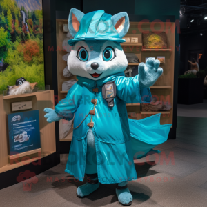 Teal Flying Squirrel mascot costume character dressed with a Raincoat and Coin purses