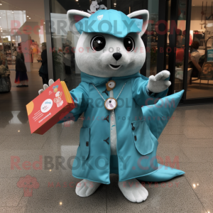 Teal Flying Squirrel mascot costume character dressed with a Raincoat and Coin purses