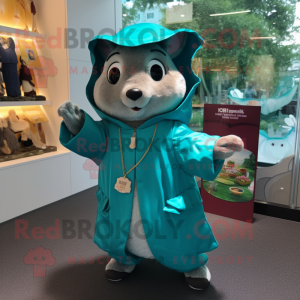 Teal Flying Squirrel mascot costume character dressed with a Raincoat and Coin purses