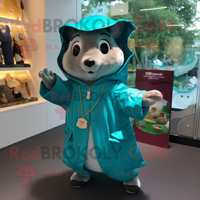 Teal Flying Squirrel mascot costume character dressed with a Raincoat and Coin purses Teal Flying Squirrel mascot costume character dressed with a Raincoat and Coin purses