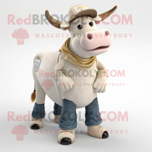 Cream Hereford Cow mascot costume character dressed with a Jeans and Shoe laces