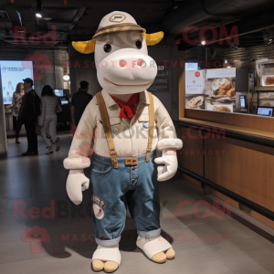 Cream Hereford Cow mascot costume character dressed with a Jeans and Shoe laces