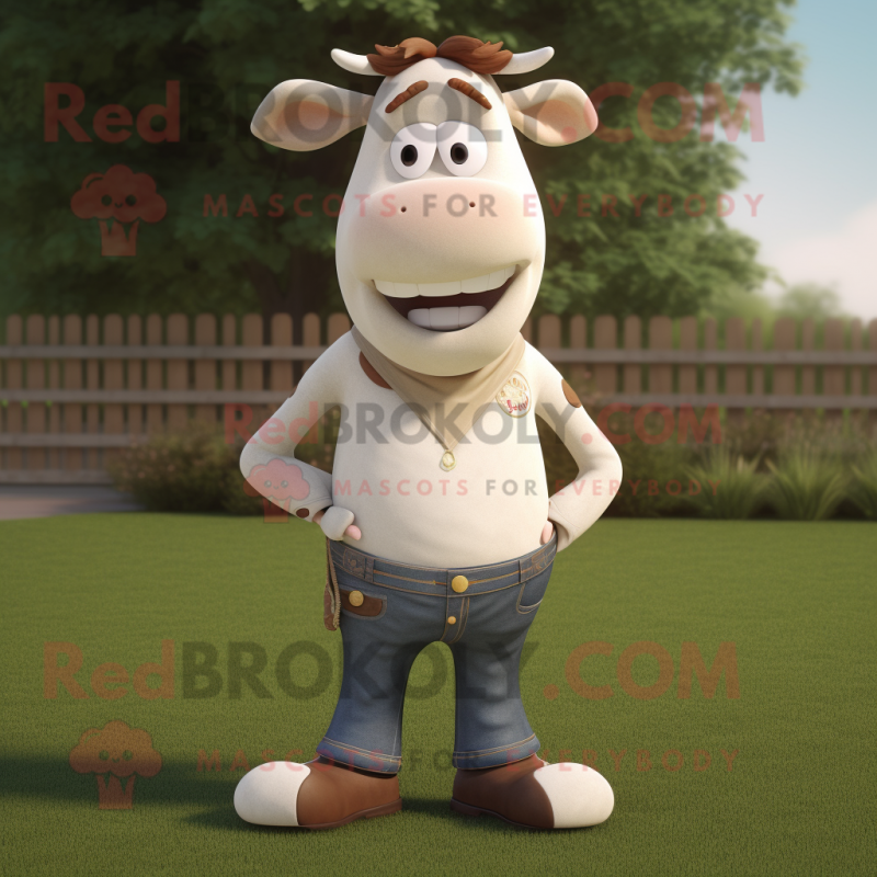 Cream Hereford Cow mascot costume character dressed with a Jeans and Shoe laces Cream Hereford Cow mascot costume character dressed with a Jeans and Shoe laces