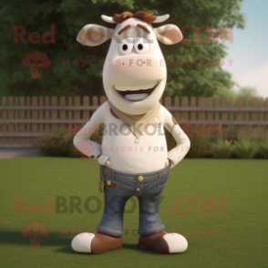 Cream Hereford Cow mascot costume character dressed with a Jeans and Shoe laces